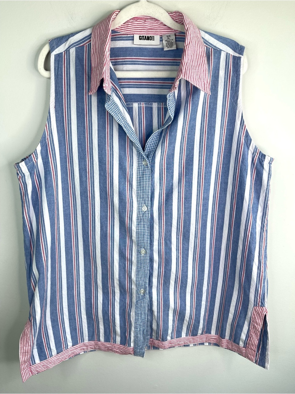 Vintage Gitano Blue, White & Red Striped Sleeveless Button-Up Shirt Size XL